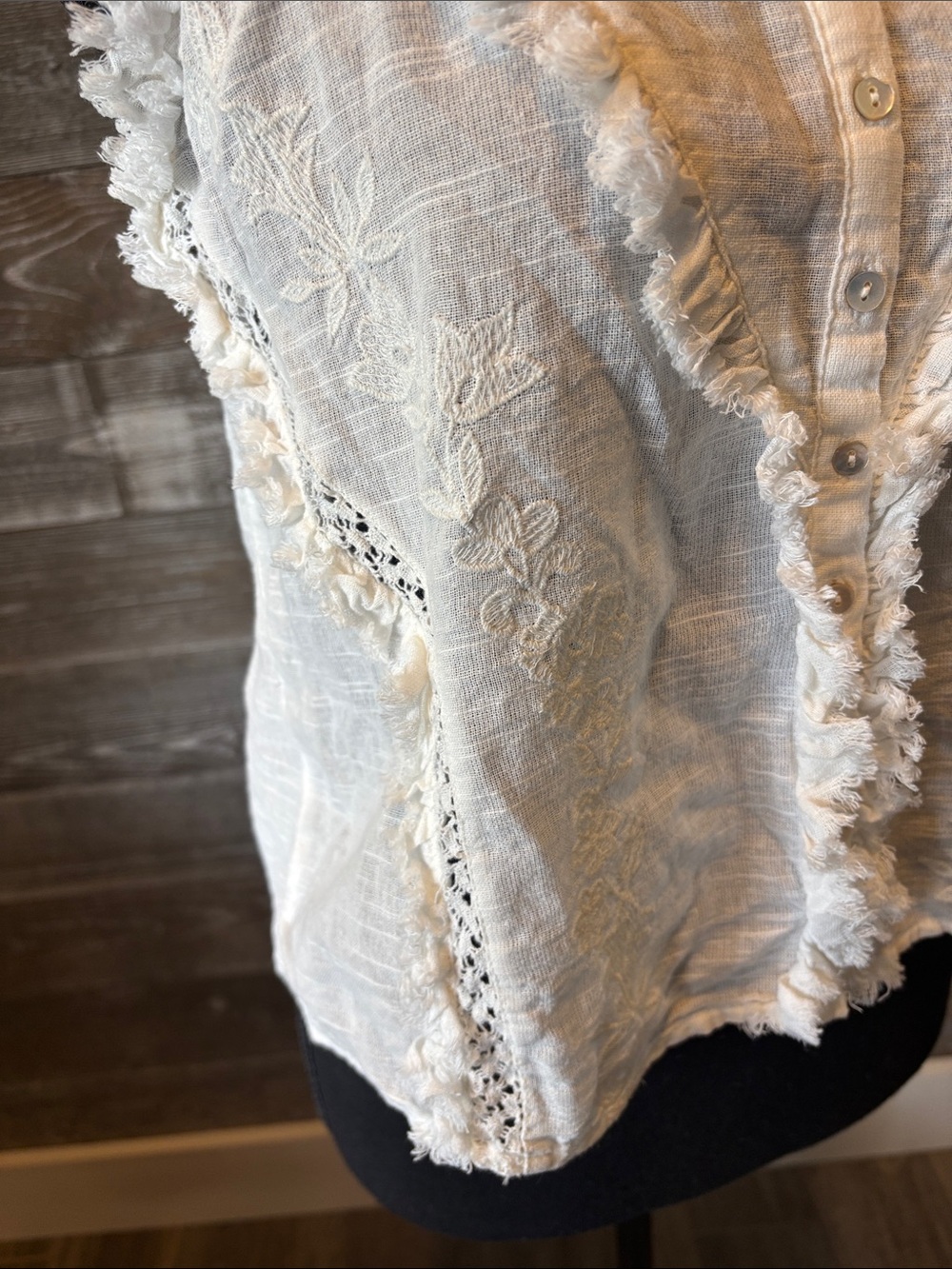 Boho Embroidered (Size M) Women's Cream Fringe-Trim Button Front Cami Top - Picture 3 of 10